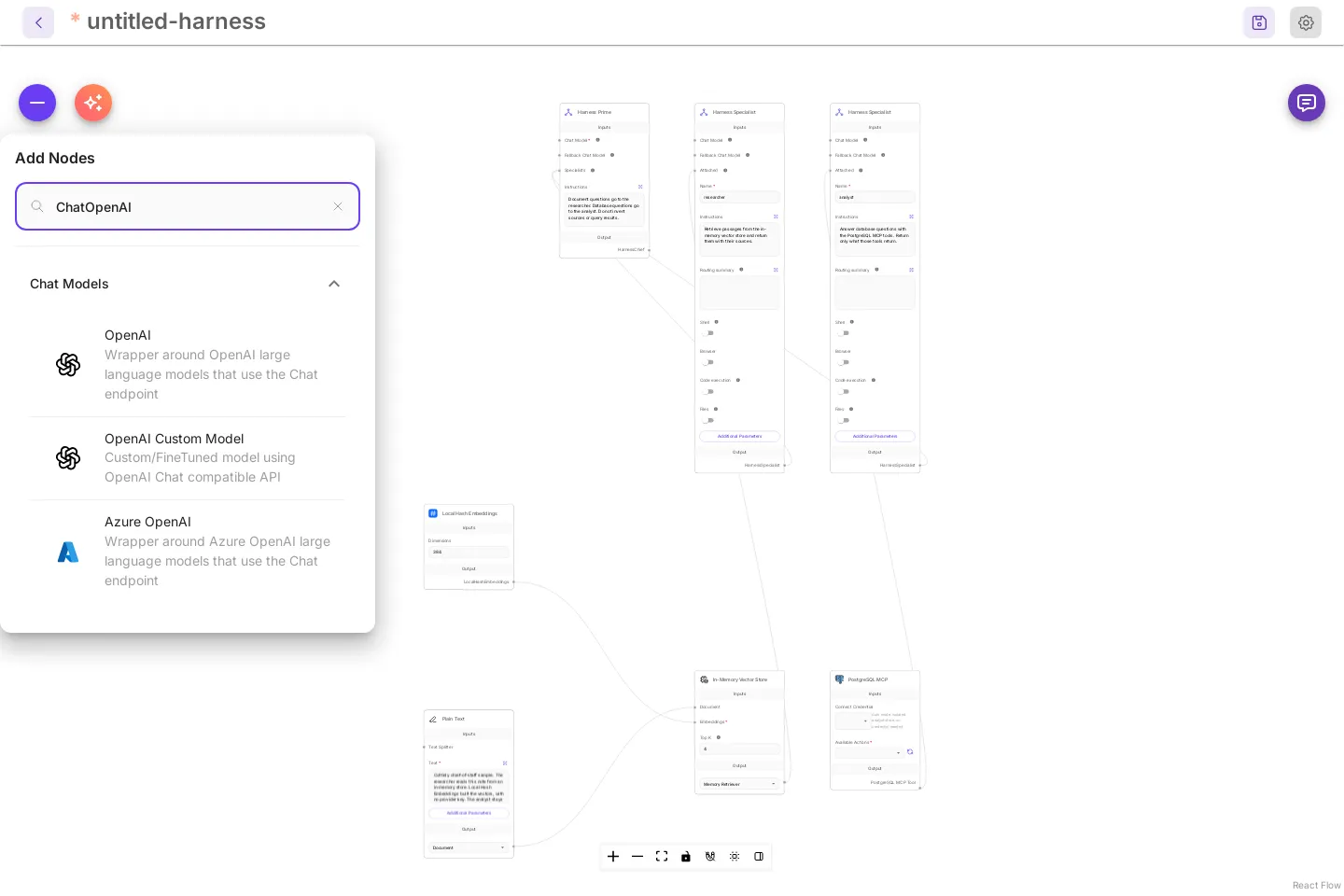 The Add Nodes panel with ChatOpenAI in the search box. Under Chat Models it lists OpenAI, OpenAI Custom Model, and Azure OpenAI.