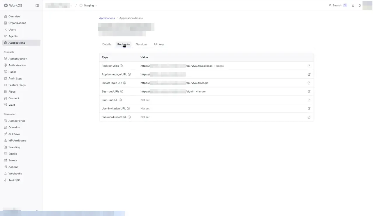 The Redirects tab for a Render install, with the hostname blurred in each value. Redirect URIs is https:// then the hostname then /api/v1/auth/callback, plus 1 more. App homepage URL is https:// and the hostname. Initiate login URI ends in /api/v1/auth/login, Sign-out URIs ends in /signin plus 1 more, and Sign-up URL, User invitation URL, and Password reset URL are Not set.