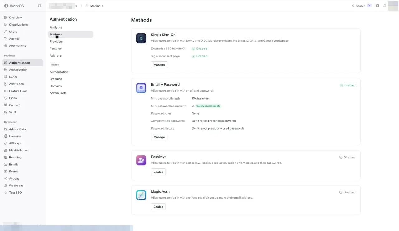 The Authentication Methods page. Single Sign-On shows Enterprise SSO in AuthKit and Sign-in consent page as Enabled. Email + Password is Enabled with a minimum password length of 10 characters. Passkeys and Magic Auth are Disabled with Enable buttons.
