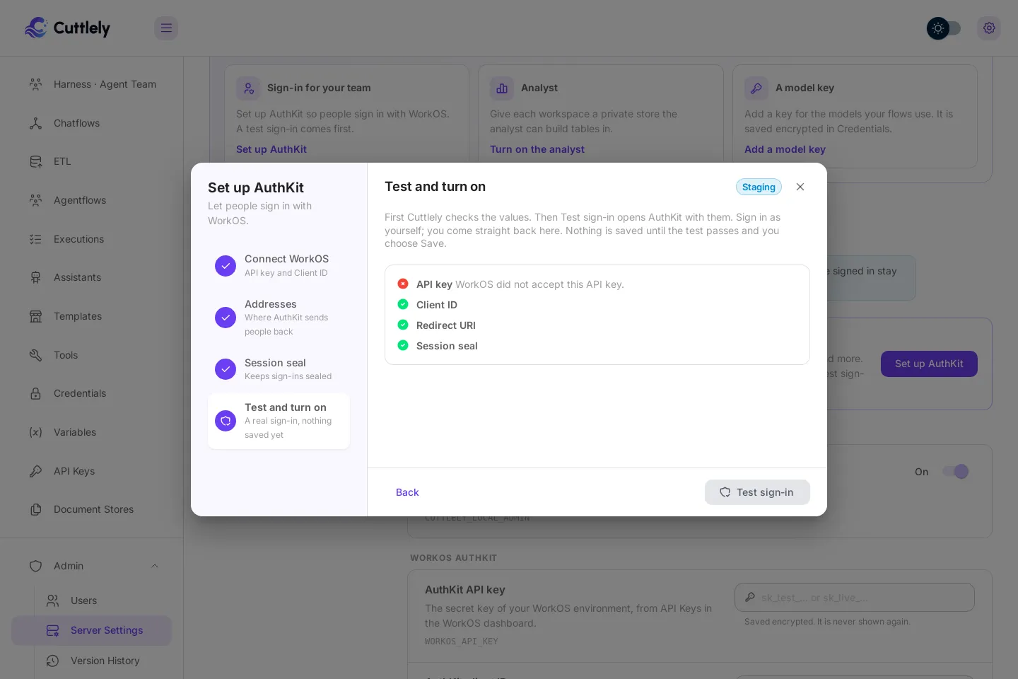 Set up AuthKit, the check before the test sign-in: WorkOS did not accept the API key, while Client ID, Redirect URI and Session seal pass.