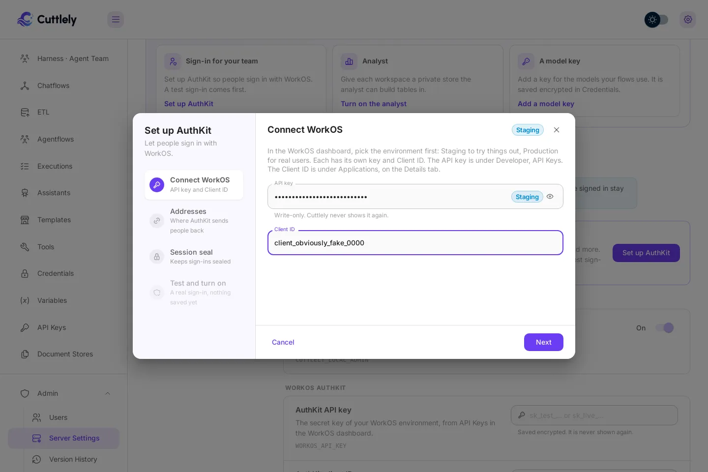 Set up AuthKit, step 1, Connect WorkOS, in the Staging environment, with an obviously fake API key and Client ID.
