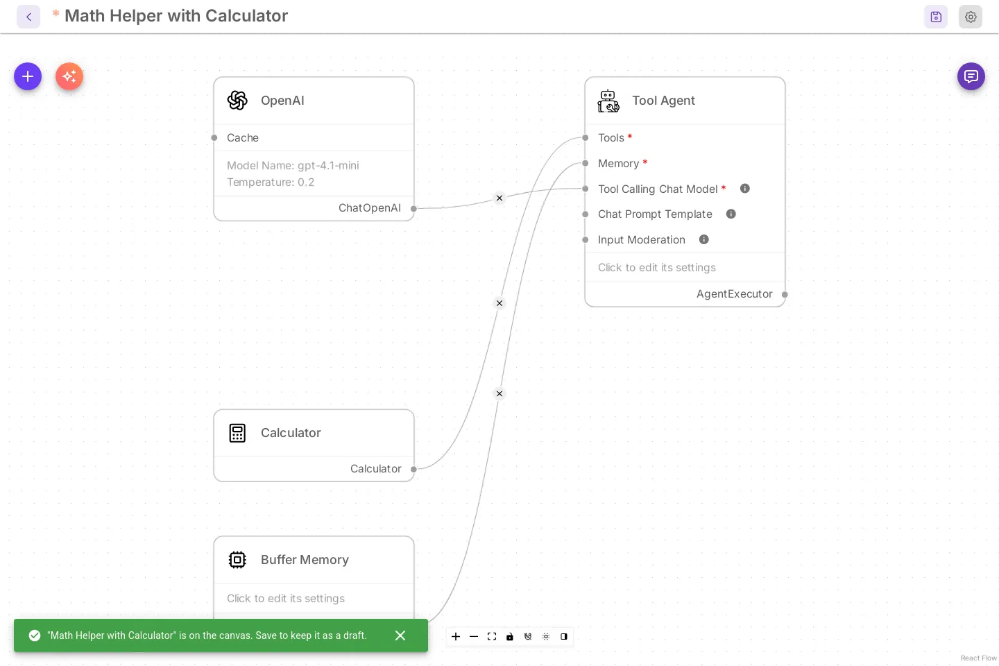 The built chatflow Math Helper with Calculator in compact cards, not saved yet: the title has an unsaved mark. The OpenAI card (gpt-4.1-mini) plugs into Tool Calling Chat Model on the Tool Agent card, and Calculator and Buffer Memory cards plug into its Tools and Memory. A green message at the bottom reads Math Helper with Calculator is on the canvas. Save to keep it as a draft.