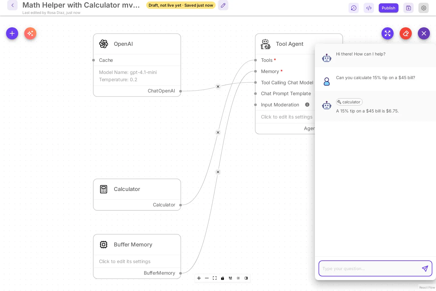 A chatflow built with Build with AI. The test chat answers a tip question with a calculator step.