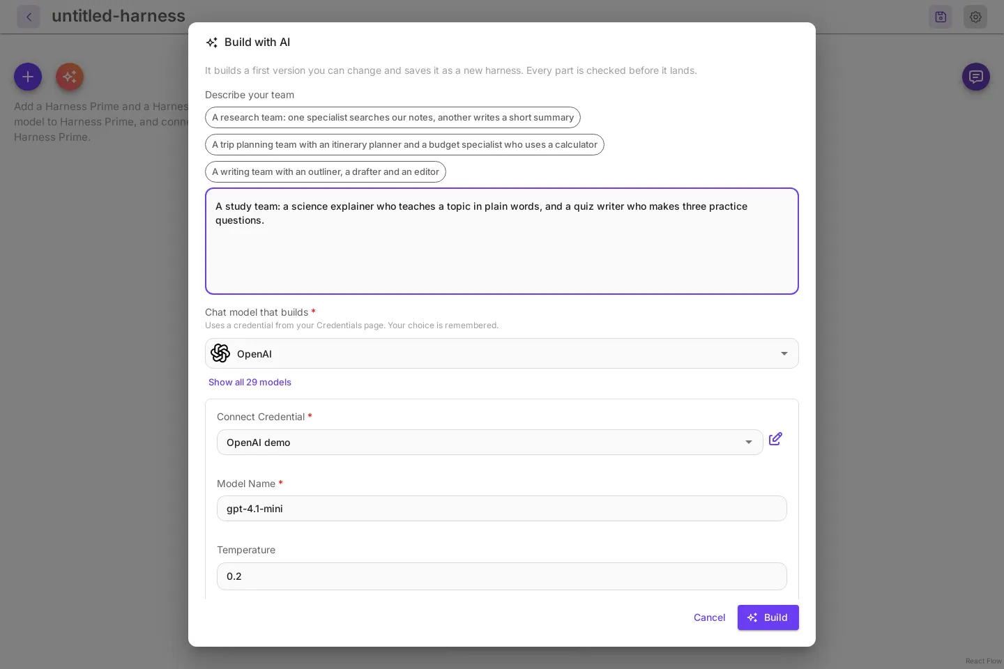 The Build with AI dialog on a blank harness canvas, with example chips, a team description and the chat model that builds.