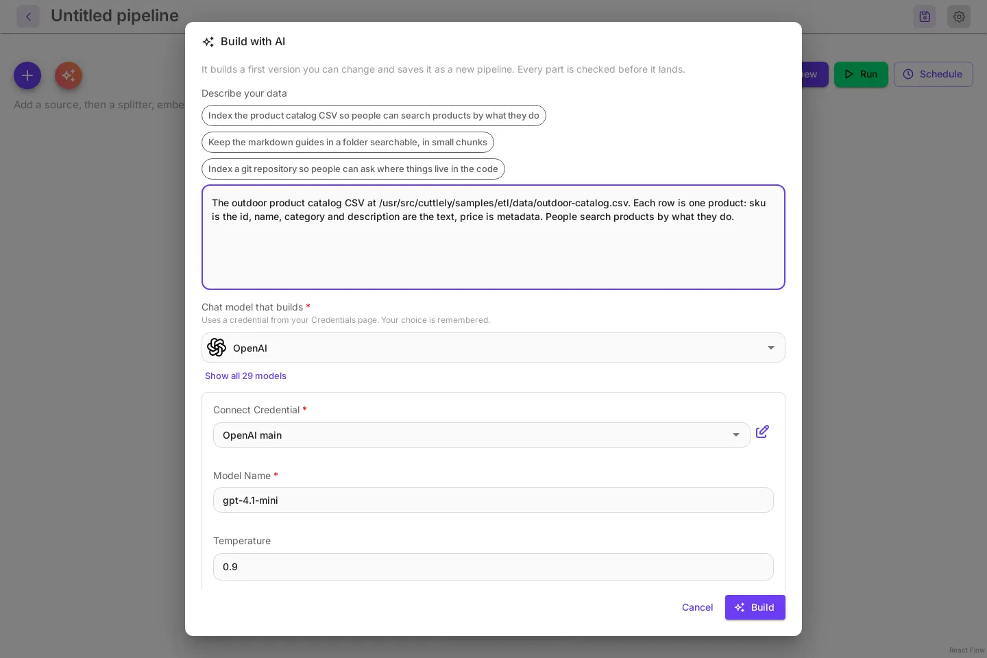 The Build with AI dialog on a new ETL canvas. The line under the title reads It builds a first version you can change and saves it as a new pipeline. Every part is checked before it lands. Under Describe your data are three examples and a description of the outdoor catalog CSV, with sku as the id. Chat model that builds is OpenAI with the credential OpenAI main and the model gpt-4.1-mini. Build is at the bottom right.