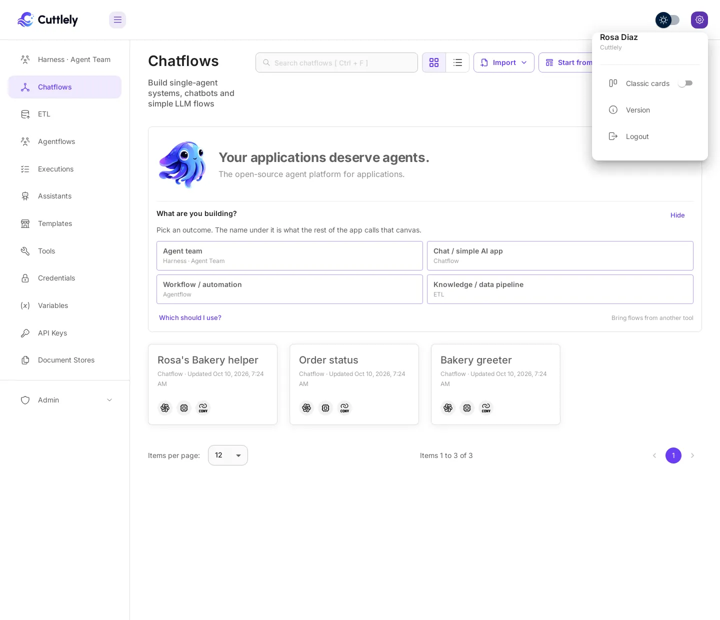 The settings menu open at the top right of the Chatflows page. Under the account name are Classic cards with its switch on, Version, and Logout.