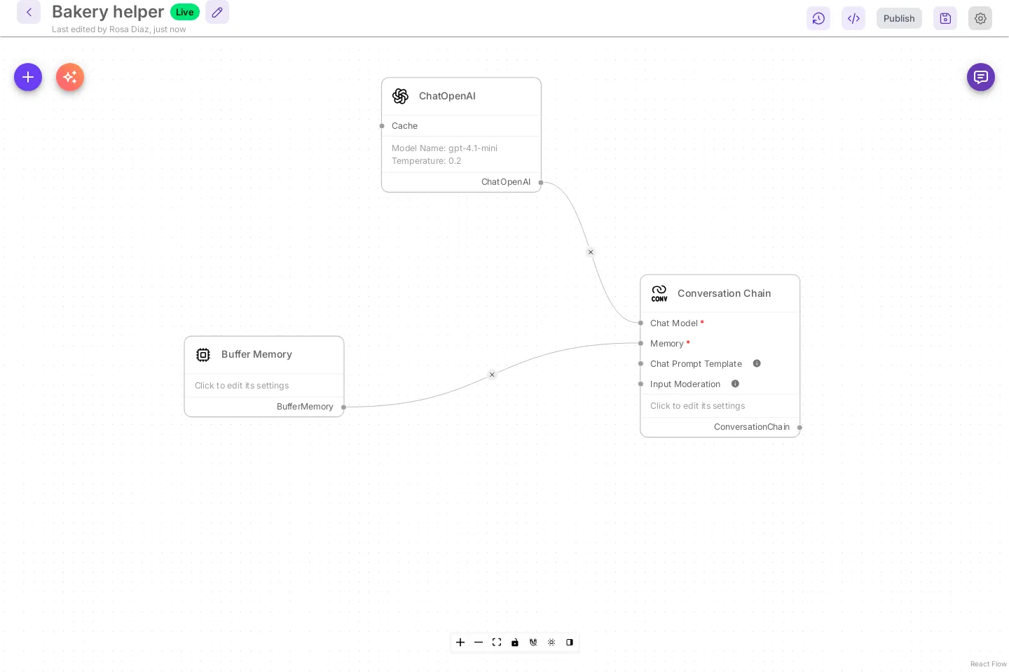 Chatflow canvas for Bakery helper. Next to the flow name is a green Live chip. Under the name the header reads Last edited by Rosa Diaz, just now. The Version history button is the first icon at the top right.