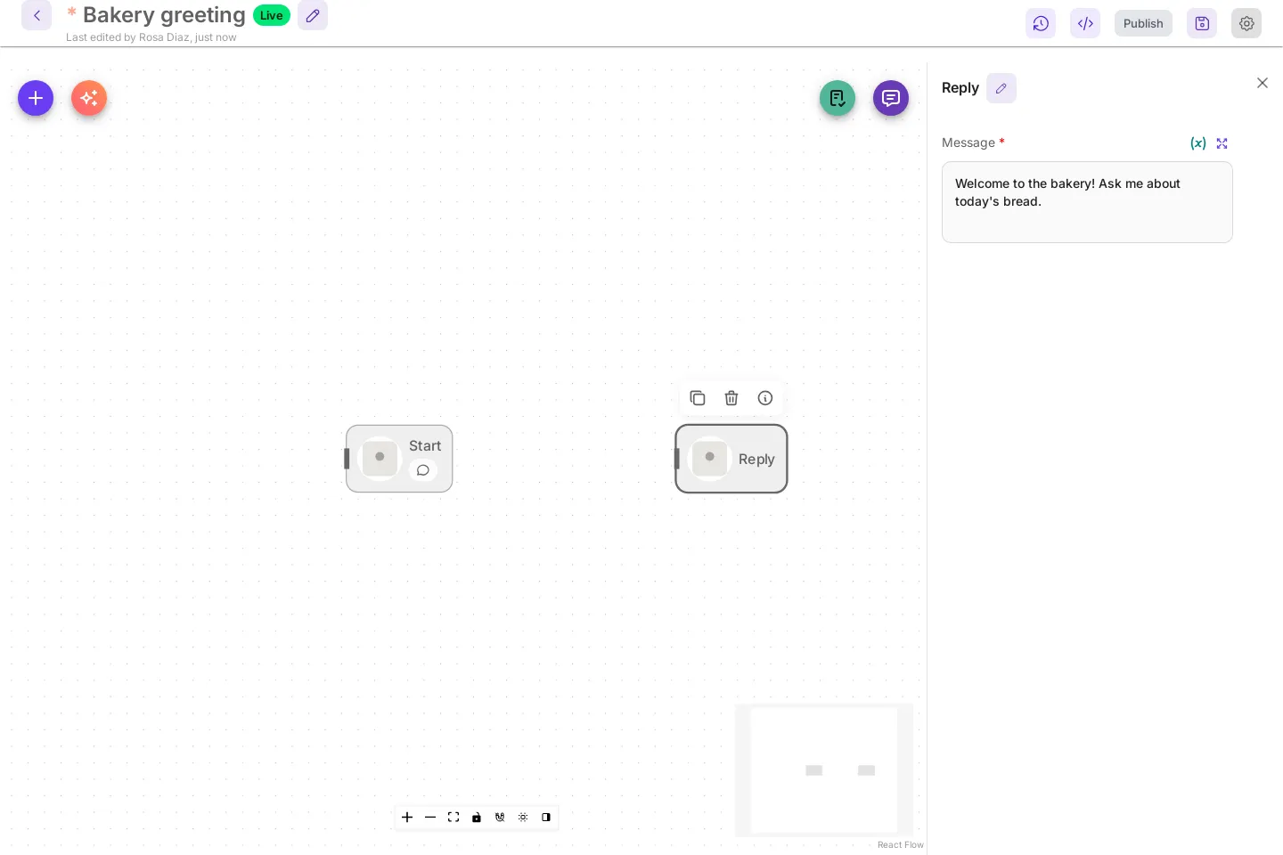 A workflow with Start and Reply cards. The Reply card's message is open in a side panel.