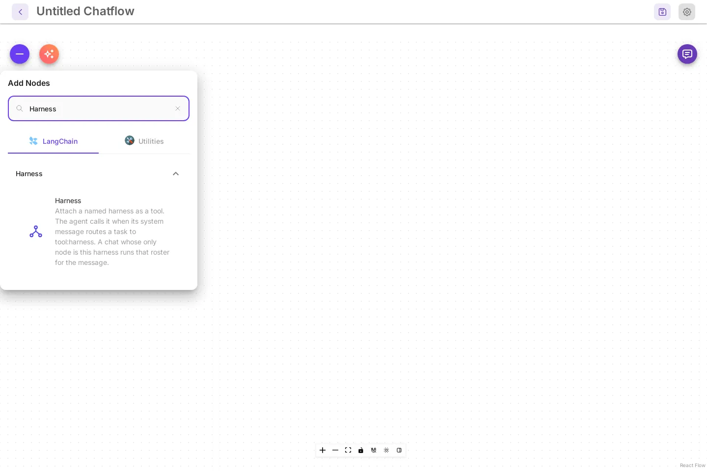 The Add Nodes panel on a new chatflow with Harness in the search box. One result, Harness: Attach a named harness as a tool.