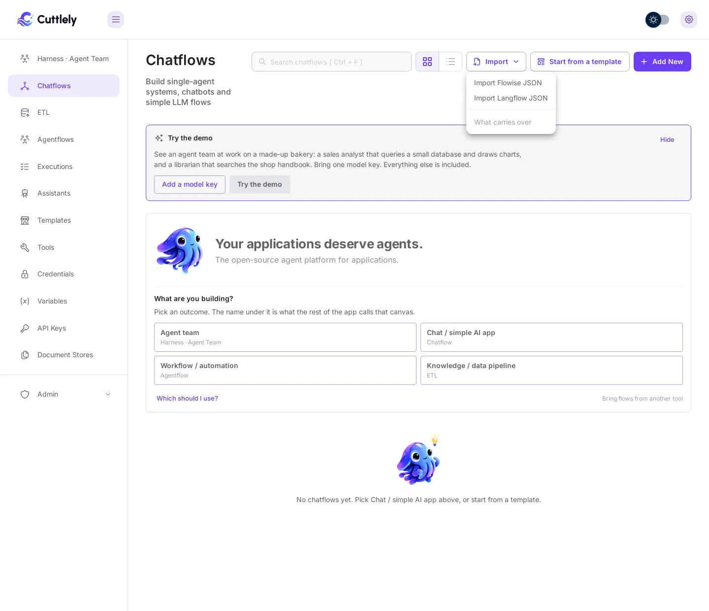 Chatflows with the Import menu open at the top right, showing Import Flowise JSON, Import Langflow JSON and What carries over, beside Start from a template and Add New.