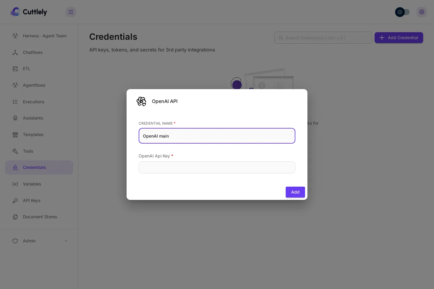 The OpenAI API dialog on the Credentials page. CREDENTIAL NAME is OpenAI main. The OpenAI Api Key field is still empty. The Add button is at the bottom right.