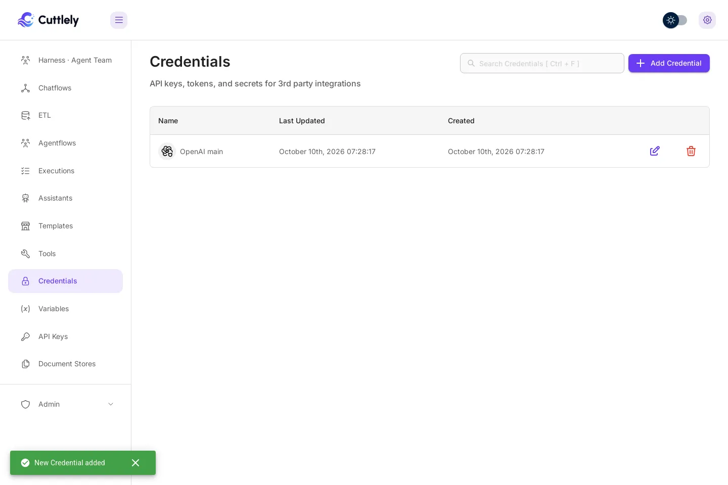 The Credentials page listing OpenAI main, with a green New Credential added message at the bottom.