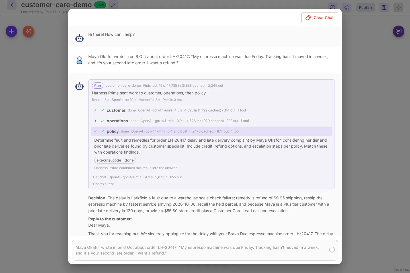 Customer care demo run for Maya Okafor’s late espresso machine order. Harness Prime sent work to customer, operations, then policy. The policy step is open, and the decision refunds the $9.95 shipping, reships by 2026-10-08 and gives a $55.80 store credit.