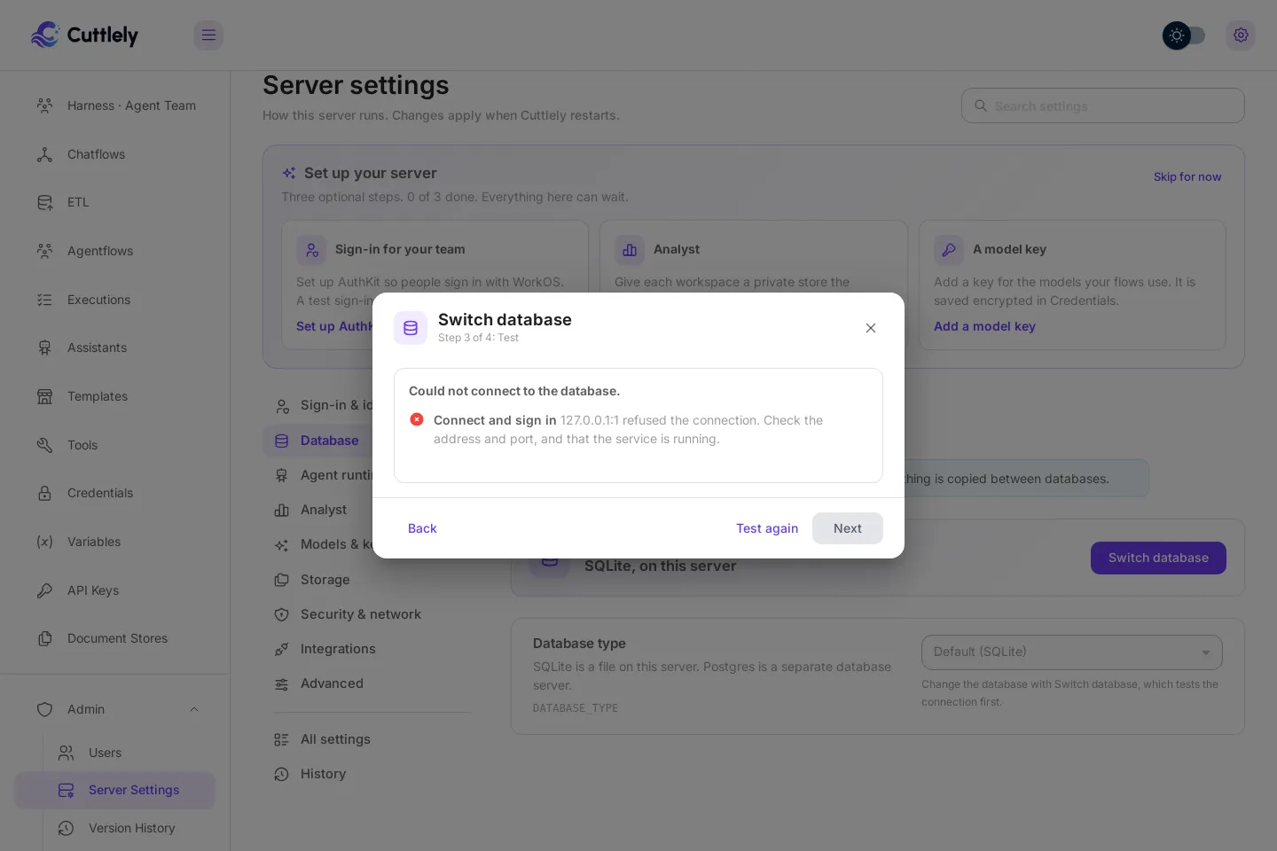 Switch database, the test for a Postgres server that can’t be reached: Connect and sign in failed, with Back, Test again and Next.