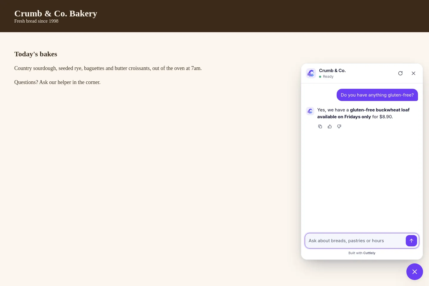 A plain bakery web page, Crumb & Co. Bakery, with the chat open in the bottom right corner. The question Do you have anything gluten-free? is answered: Yes, we have a gluten-free buckwheat loaf available on Fridays only for $8.90. The round button under the panel closes it.