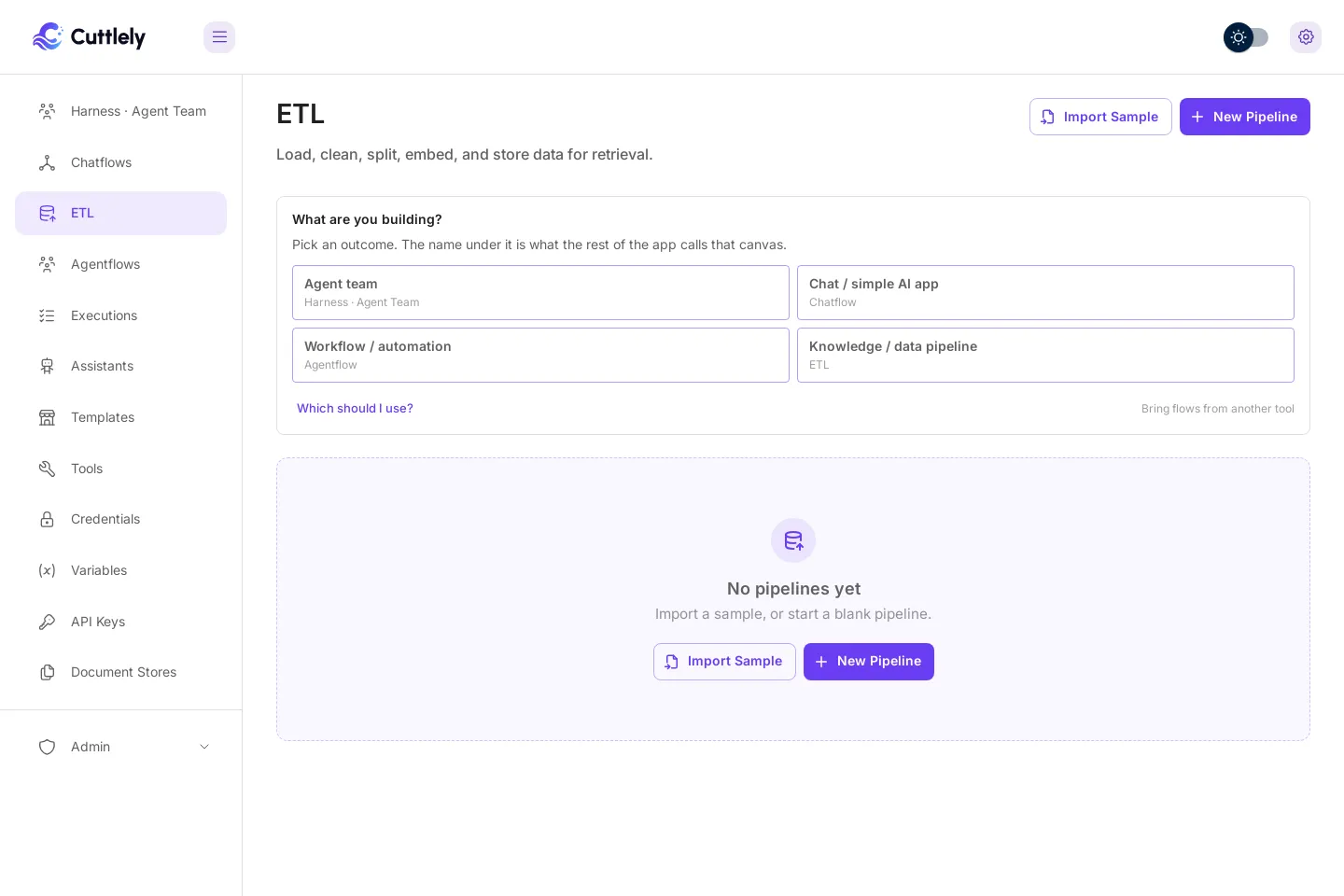 The ETL page with no pipelines. The title is ETL, with the line Load, clean, split, embed, and store data for retrieval. Import Sample and New Pipeline are at the top right. A What are you building? card is above an empty state that reads No pipelines yet, Import a sample, or start a blank pipeline.