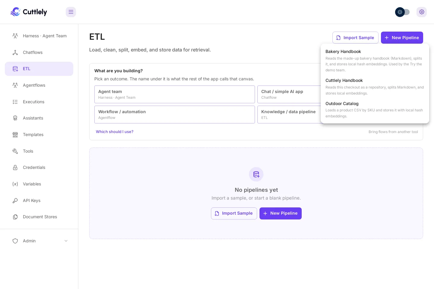 The Import Sample menu open on the ETL page. Bakery Handbook: Reads the made-up bakery handbook (Markdown), splits it, and stores local hash embeddings. Used by the Try the demo team. Cuttlely Handbook: Reads this checkout as a repository, splits Markdown, and stores local embeddings. Outdoor Catalog: Loads a product CSV by SKU and stores it with local hash embeddings.