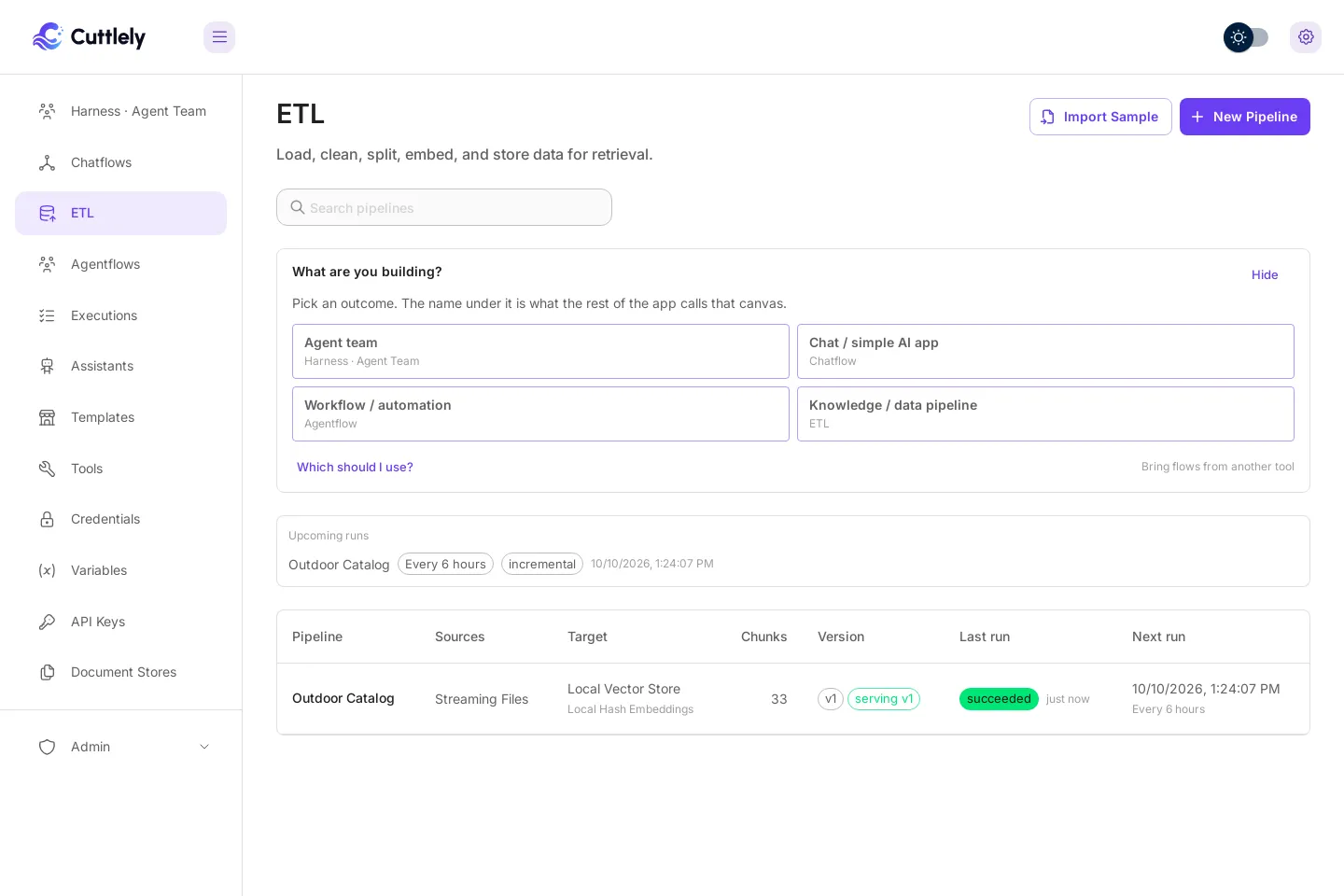 The ETL page with Search pipelines, the What are you building? card, an Upcoming runs panel listing Outdoor Catalog, Every 6 hours, incremental, 10/10/2026 9:57 AM, and a table row for Outdoor Catalog: Streaming Files, Local Vector Store, 33 chunks, v1 and serving v1, a green succeeded chip, and the next run.