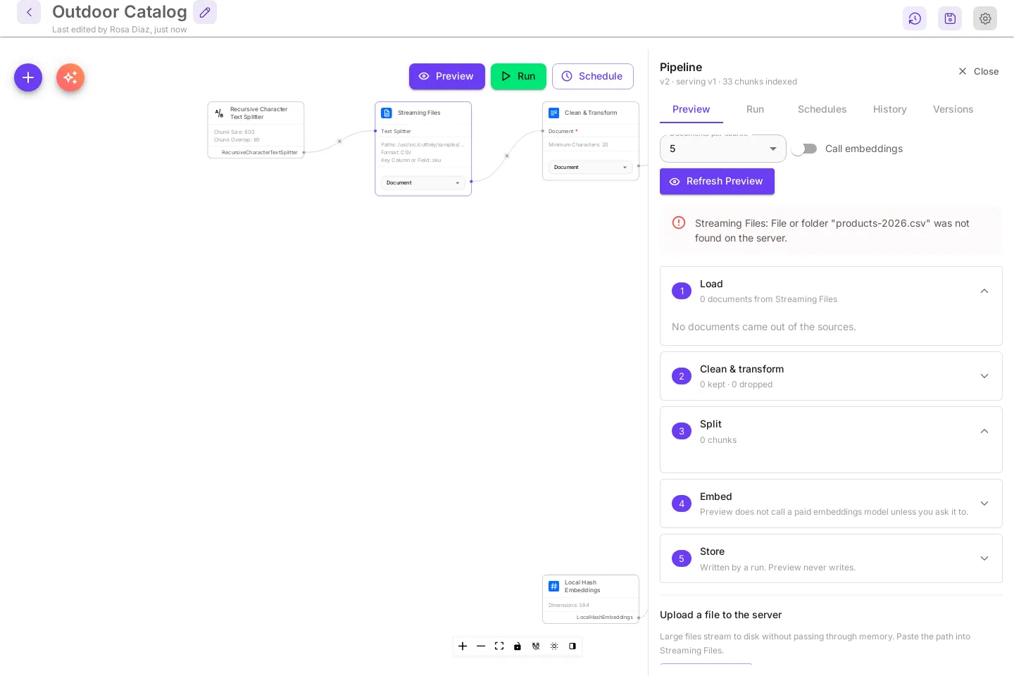 The Preview tab for v2 with a red message: Streaming Files: File or folder products-2026.csv was not found on the server. Load reads 0 documents and says No documents came out of the sources.