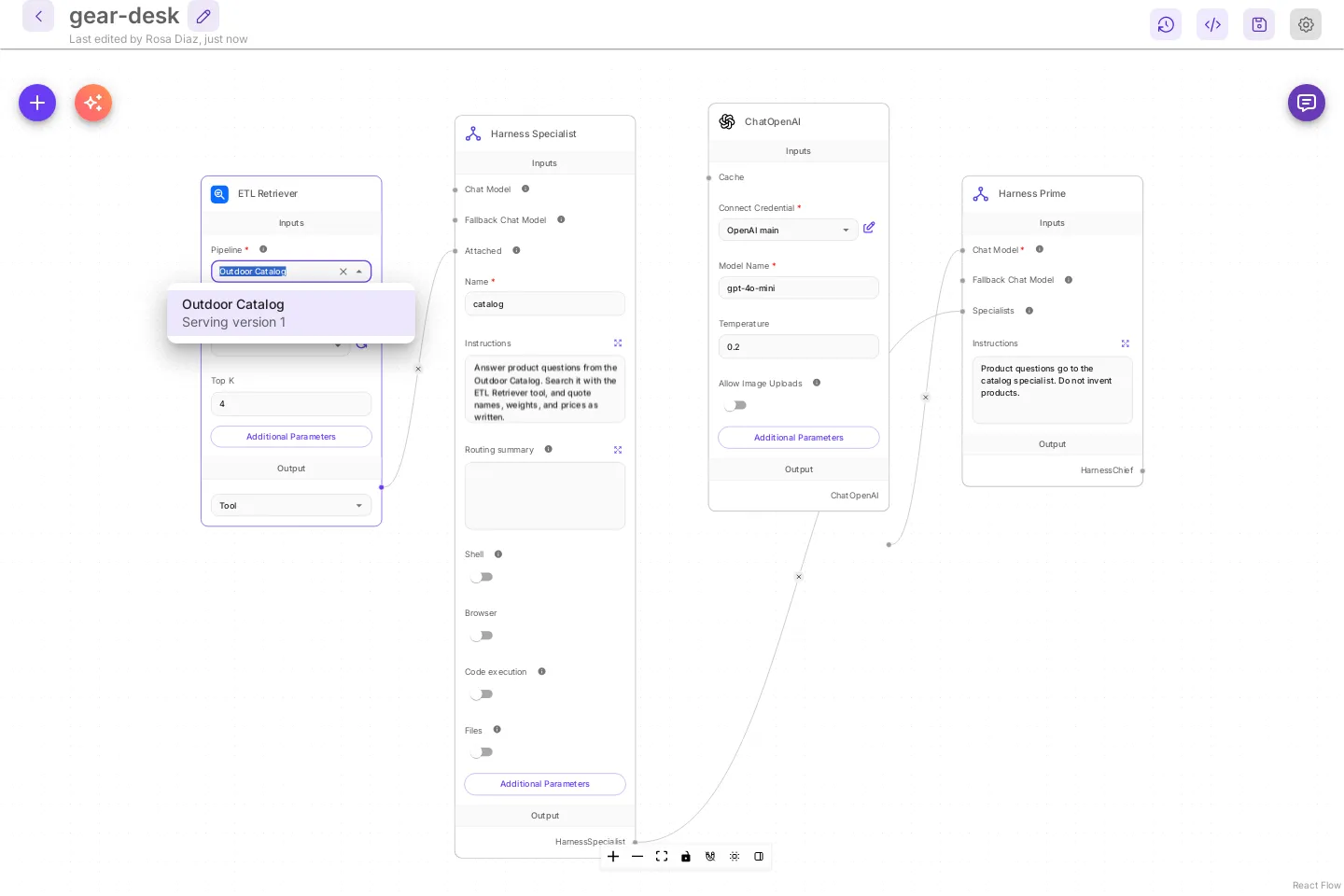 The Pipeline list open on the ETL Retriever node. One option: Outdoor Catalog, Serving version 1. The ETL Retriever is joined to the Attached input of a Harness Specialist named catalog.