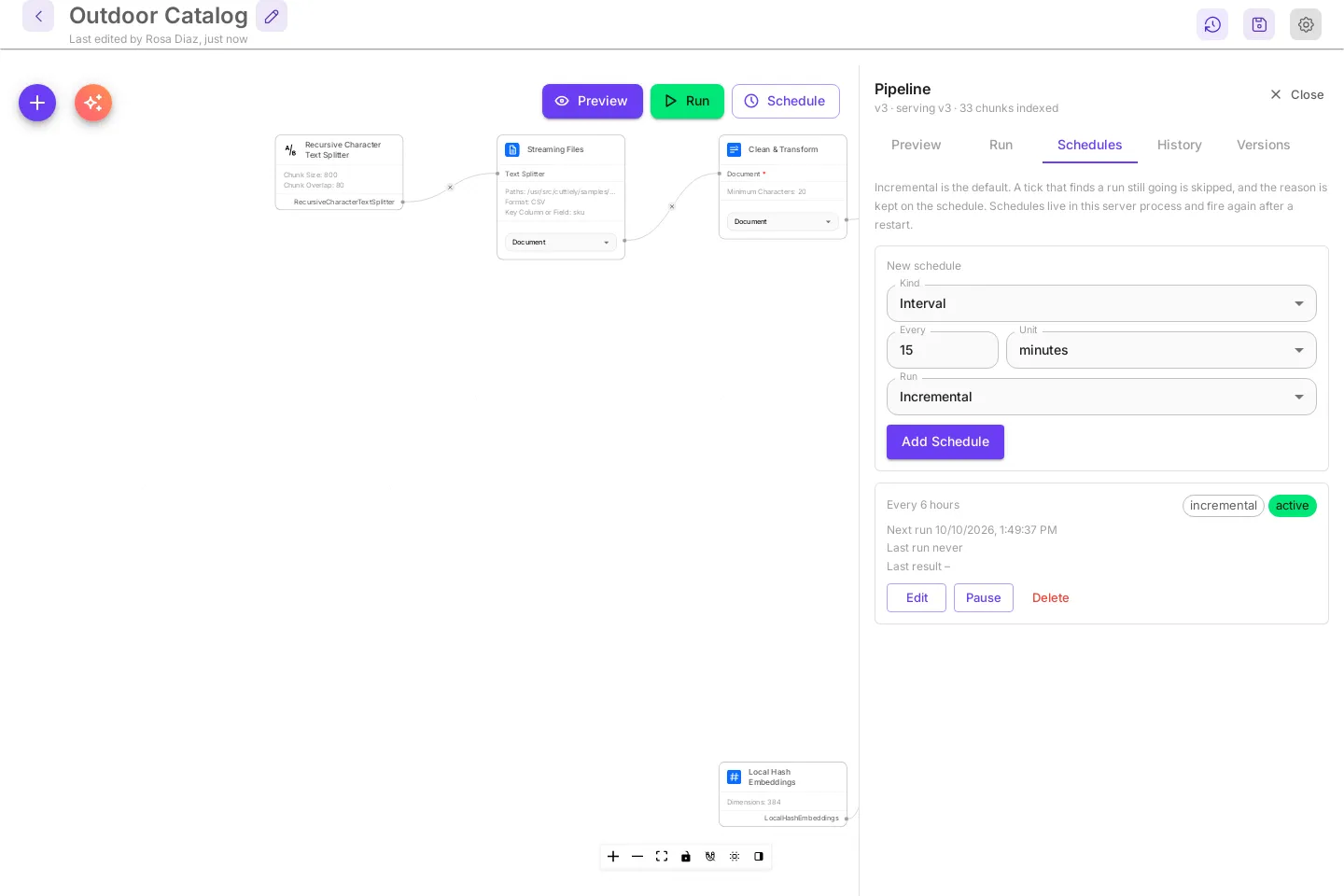A schedule card under the form: Every 6 hours, with incremental and green active chips. Next run 10/10/2026, 1:49 PM, Last run never, Last result –. Edit, Pause, and Delete buttons.