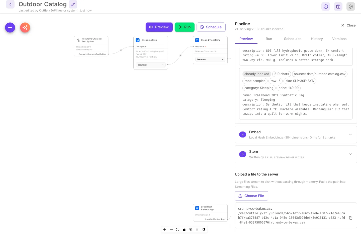The bottom of the Preview tab. Upload a file to the server, with the hint Large files stream to disk without passing through memory. Paste the path into Streaming Files. Below the Choose File button, the uploaded crumb-co-bakes.csv is listed with its full path on the server and a copy icon.