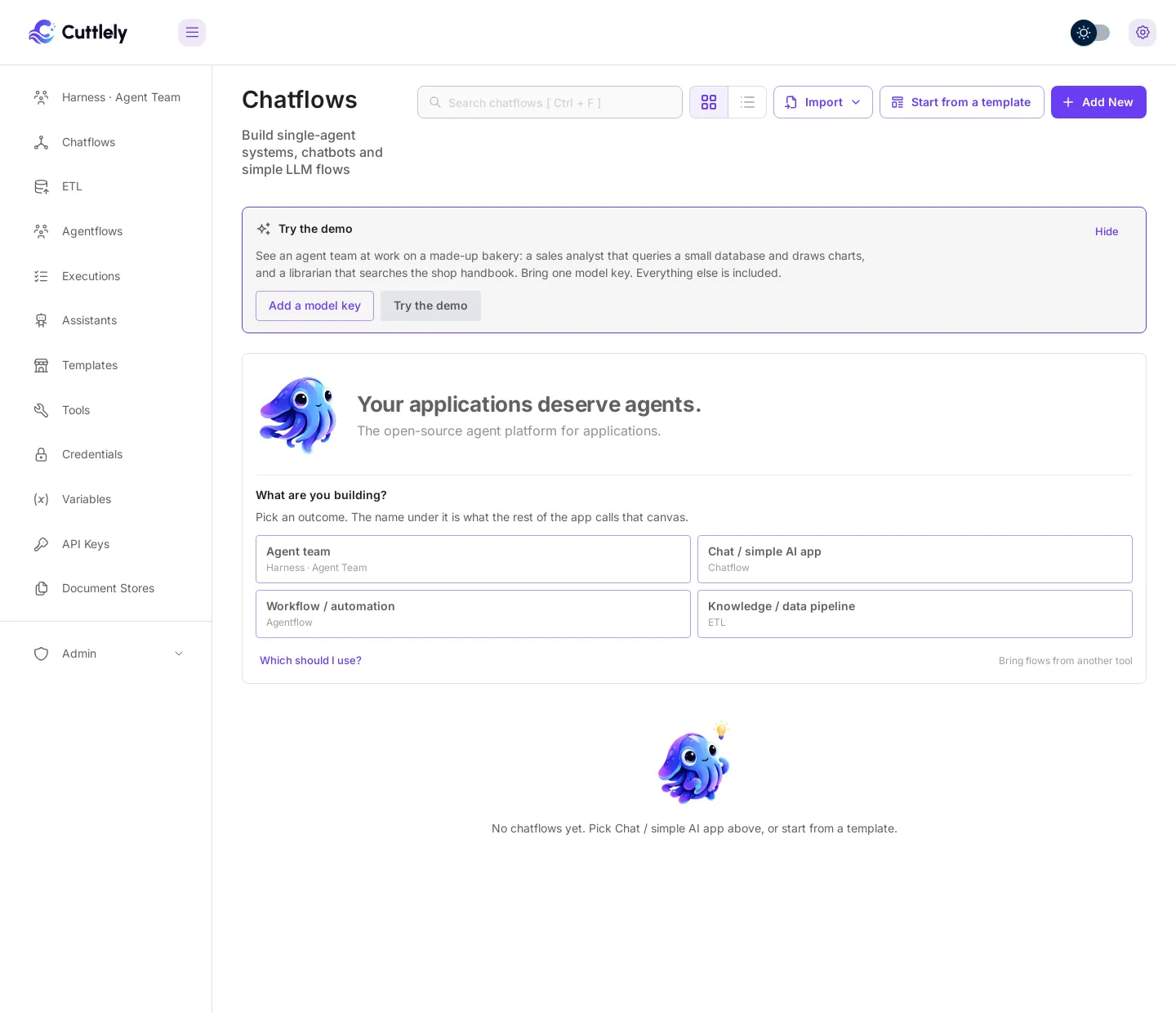 Chatflows on a new install. The sidebar lists Harness · Agent Team, Chatflows, ETL, Agentflows, Executions, Assistants, Templates, Tools, Credentials, Variables, API Keys, and Document Stores. The page has Import, Start from a template, and Add New at the top, a Try the demo card, the Your applications deserve agents. headline with the mascot in a What are you building? card with a small Bring flows from another tool link, and below it the lightbulb mascot with the No chatflows yet note.