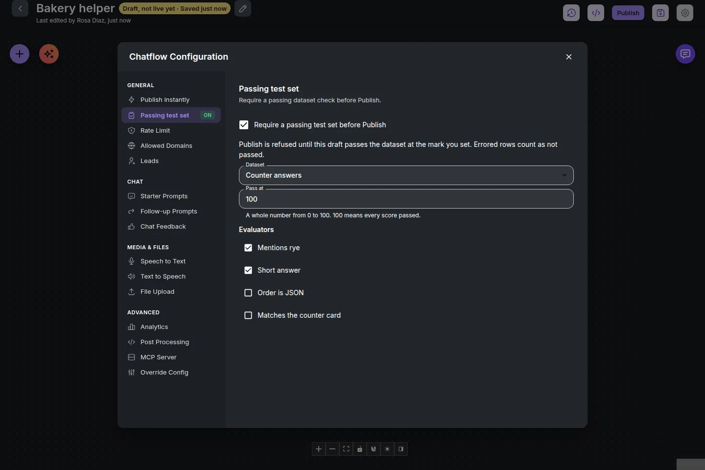 Chatflow Configuration on Bakery helper, Passing test set. The menu row shows ON. Require a passing test set before Publish is checked, the dataset is Counter answers, Pass at is 100, and Mentions rye and Short answer are ticked. The note says Publish is refused until this draft passes the dataset at the mark you set.
