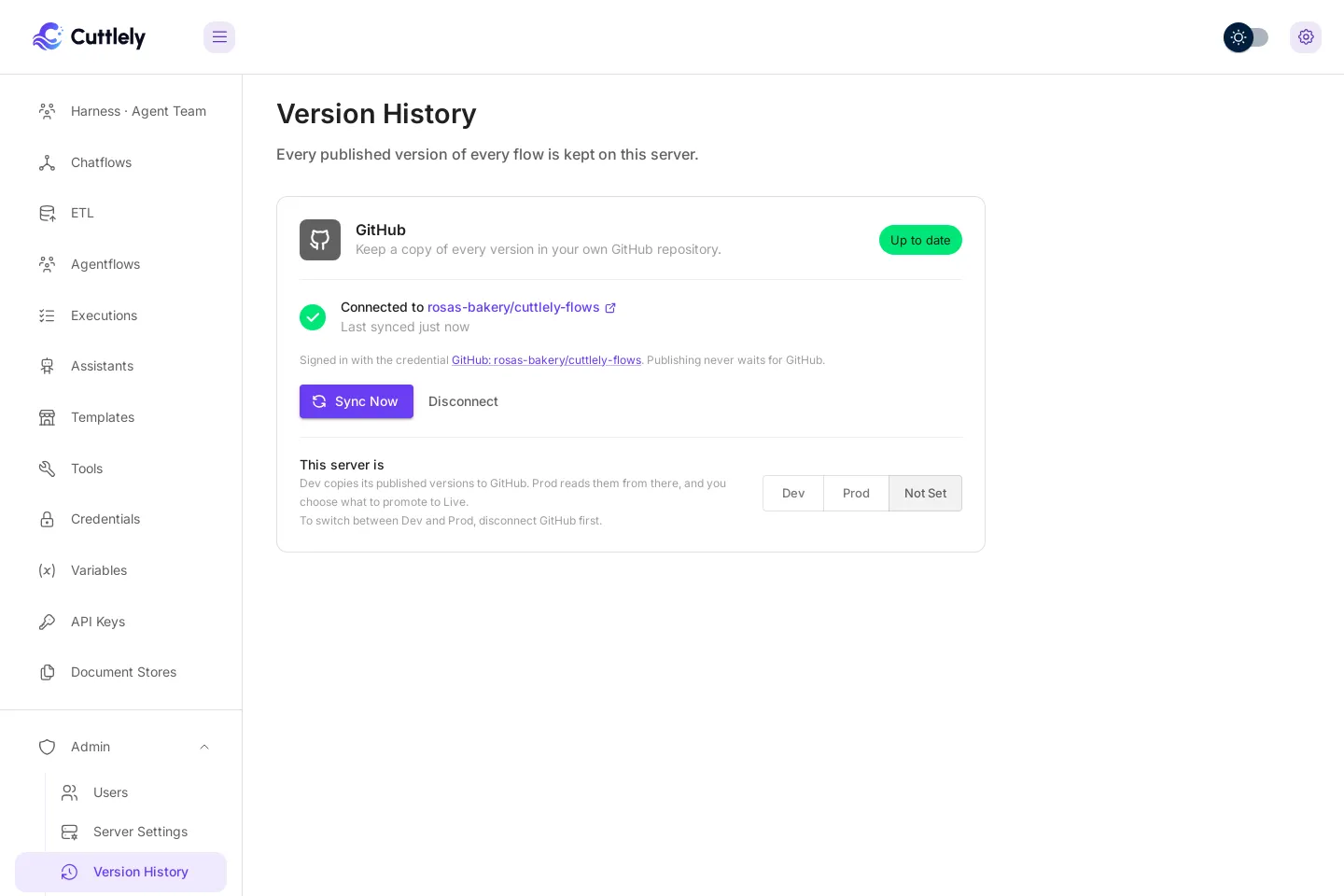 Connected to rosas-bakery/cuttlely-flows, with a green check, Last synced just now, and an Up to date chip. The card names the sign-in it uses, GitHub: rosas-bakery/cuttlely-flows, and has Sync now and Disconnect buttons.