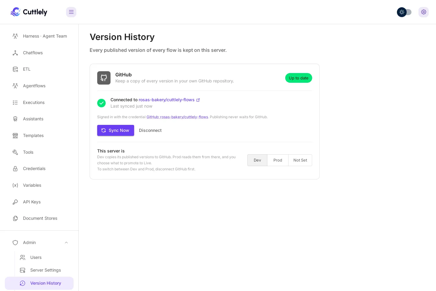 The connected card on a Dev server, with Up to date and This server is set to Dev.