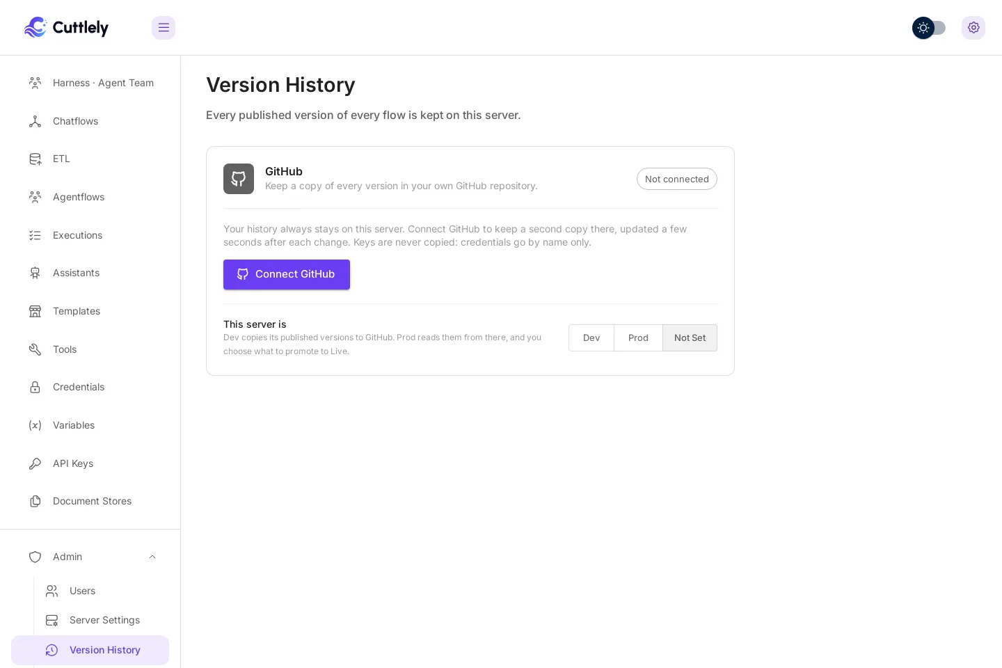 The Version History page under Admin. One GitHub card says Keep a copy of every version in your own GitHub repository, shows a Not connected chip, explains that keys are never copied, and has a Connect GitHub button. Below it, This server is, with Dev, Prod and Not set.