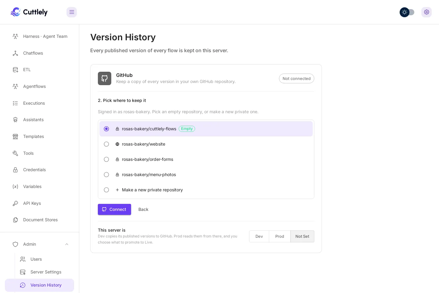Step 2, Pick where to keep it. Signed in as rosas-bakery. rosas-bakery/cuttlely-flows is selected and marked Empty. Below it are rosas-bakery/website, order-forms and menu-photos, then Make a new private repository.