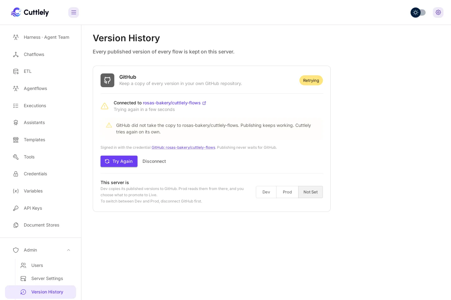 The card shows a Retrying chip and a warning: GitHub did not take the copy to rosas-bakery/cuttlely-flows. Publishing keeps working. Cuttlely tries again on its own. The line under the repository reads Trying again in a few seconds, and the button reads Try again.