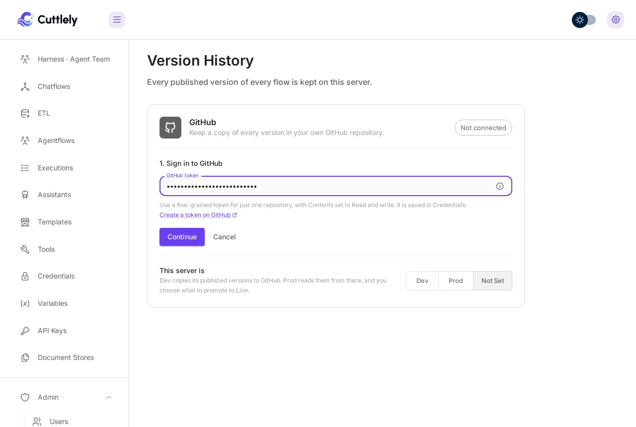 Step 1, Sign in to GitHub. The GitHub token box shows dots and an i button at its end. Under it: Use a fine-grained token for just one repository, with Contents set to Read and write. It is saved in Credentials. Create a token on GitHub. Then Continue and Cancel buttons.