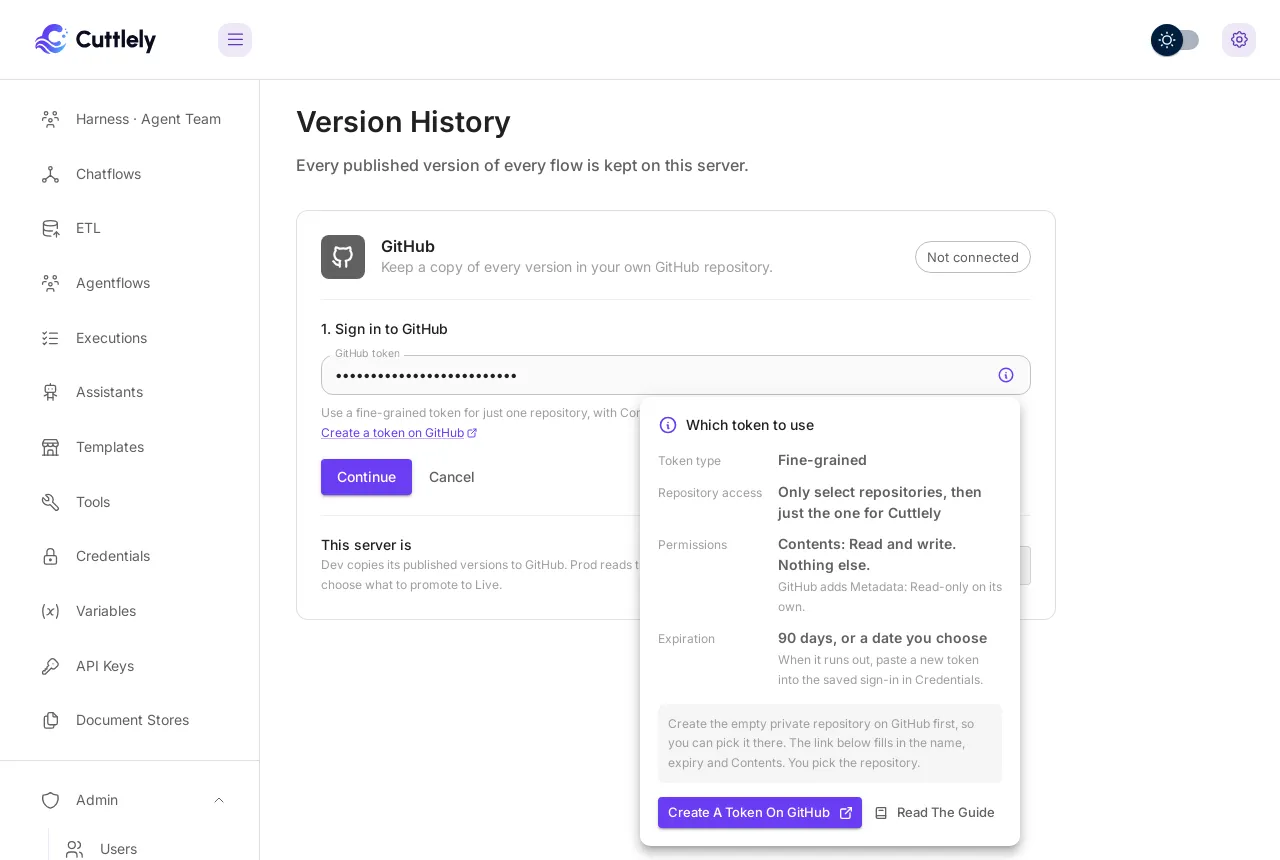 Step 1, Sign in to GitHub, with the Which token to use card open next to the GitHub token box. It reads Token type: Fine-grained. Repository access: Only select repositories, then just the one for Cuttlely. Permissions: Contents: Read and write. Nothing else. GitHub adds Metadata: Read-only on its own. Expiration: 90 days, or a date you choose. When it runs out, paste a new token into the saved sign-in in Credentials. A note says to create the empty private repository on GitHub first, and that the link fills in the name, expiry and Contents. Buttons: Create a token on GitHub and Read the guide.
