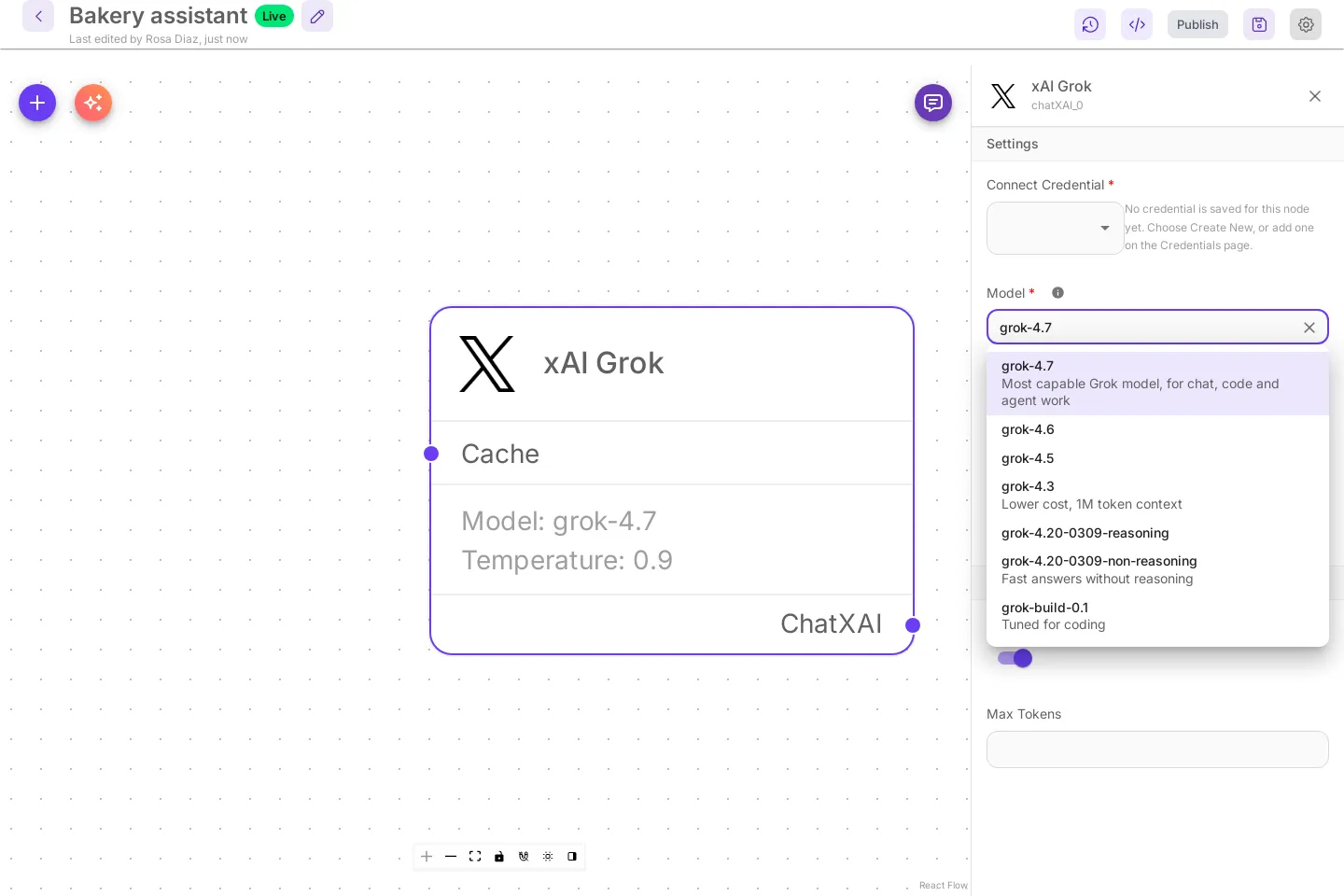 A chat flow with the xAI Grok card selected. In the side panel under Settings, Connect Credential is empty and the Model list is open: grok-4.7 with the line Most capable Grok model, for chat, code and agent work, then grok-4.6, grok-4.5, grok-4.3 with Lower cost, 1M token context, and the grok-4.20 models.