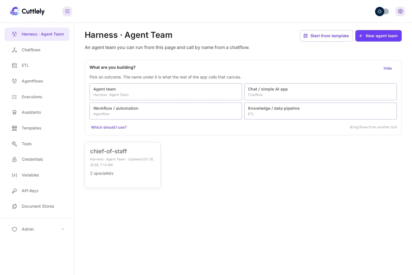 The Harness · Agent Team page with one card, chief-of-staff, 2 specialists.