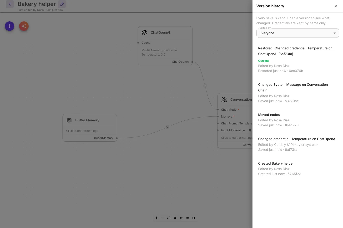 Version history after the restore. The newest version, marked Current and edited by Rosa Diaz, is Restored: Changed credential, Temperature on ChatOpenAI, followed by the four earlier versions: Changed System Message on Conversation Chain, Moved nodes, Changed credential, Temperature on ChatOpenAI edited by Cuttlely (API key or system), and Created Bakery helper.