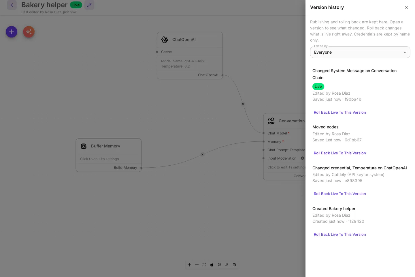 The Version history panel on the Bakery helper canvas. Four versions, newest first: Changed System Message on Conversation Chain, marked Live; Moved nodes; Changed credential, Temperature on ChatOpenAI, edited by Cuttlely (API key or system); and Created Bakery helper. Each row says who edited it, when, and its short version id, and has a Roll Back Live To This Version button.