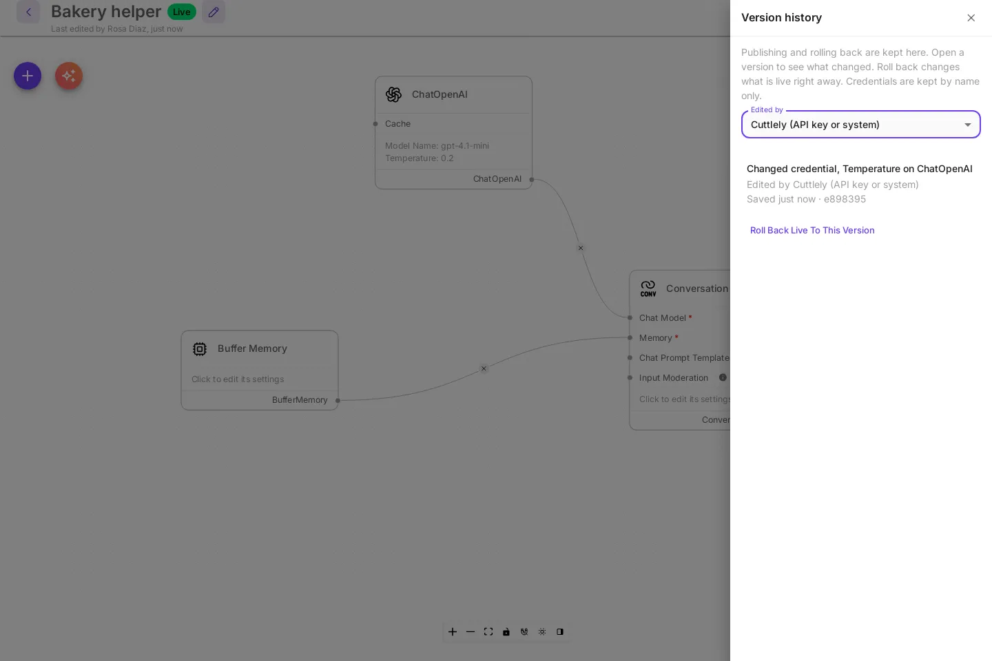 The Version history panel filtered to Cuttlely (API key or system). One version is left: Changed credential, Temperature on ChatOpenAI.