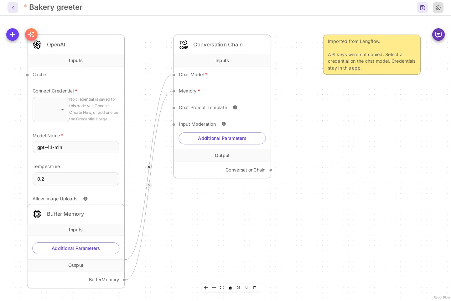 A chatflow named Bakery greeter, imported from Langflow and drawn with classic cards: an OpenAI card with gpt-4.1-mini and temperature 0.2, Buffer Memory, and Conversation Chain, with a yellow note that reads Imported from Langflow. API keys were not copied. Select a credential on the chat model. Credentials stay in this app.