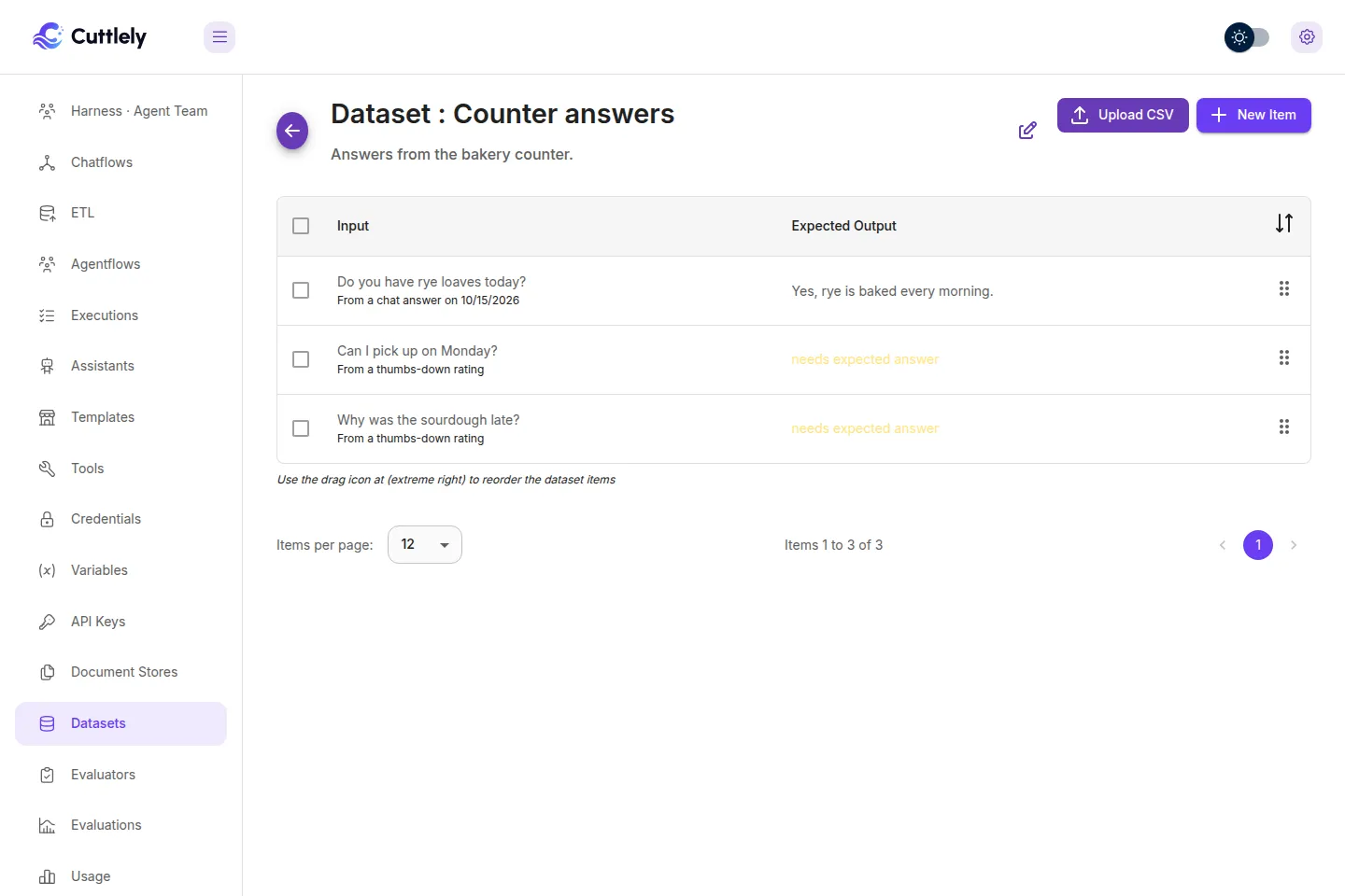 Dataset Counter answers. The rye row says From a chat answer on 10/14/2026 and the expected output is Yes, rye is baked every morning. Why was the sourdough late? and Can I pick up on Monday? each say From a thumbs-down rating, and the expected output is needs expected answer.