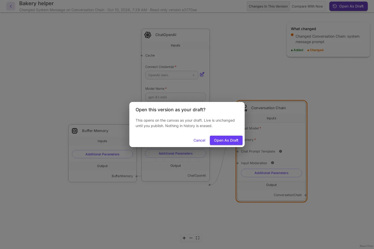 The Open this version as your draft? dialog over the version page of Bakery helper. Open As Draft is the button at the top right of the page. The dialog reads: This opens on the canvas as your draft. Live is unchanged until you publish. Nothing in history is erased. The buttons are Cancel and Open As Draft.