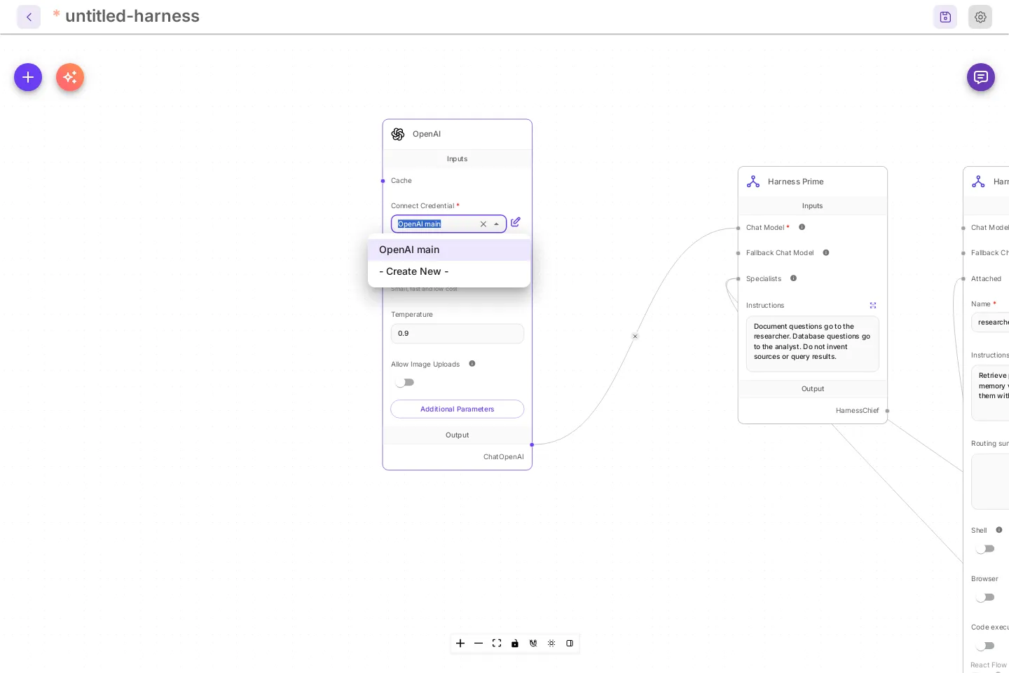 Connect Credential open on the OpenAI node. The list shows OpenAI main and - Create New -.