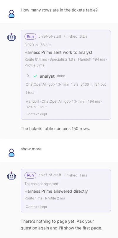 A fresh canvas chat. How many rows are in the tickets table is answered with The tickets table contains 150 rows, with no page line. Then show more gets the direct reply There’s nothing to page yet.