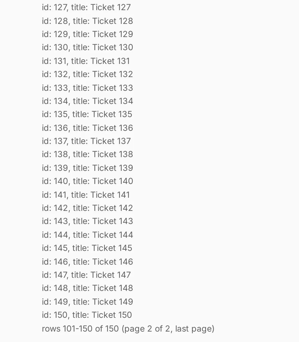 The end of page 2 after show more in the same chat: tickets 127 to 150, then the line rows 101-150 of 150 (page 2 of 2, last page).