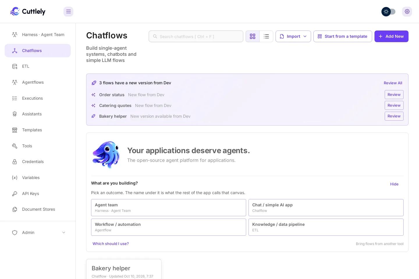 The Chatflows list on Prod. A banner at the top of the page reads 3 flows have a new version from Dev, with Review All. Order status and Catering quotes are each marked New flow from Dev, and Bakery helper is marked New version available from Dev. Each has a Review button. The flows themselves are listed below the What are you building? card.