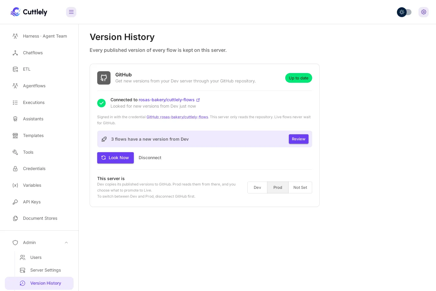 The Version History card on a Prod server, connected to rosas-bakery/cuttlely-flows with Up to date. It reads Get new versions from your Dev server through your GitHub repository, and Looked for new versions from Dev just now. A violet box says 3 flows have a new version from Dev, with a Review button. The buttons below are Look Now and Disconnect. This server is set to Prod.