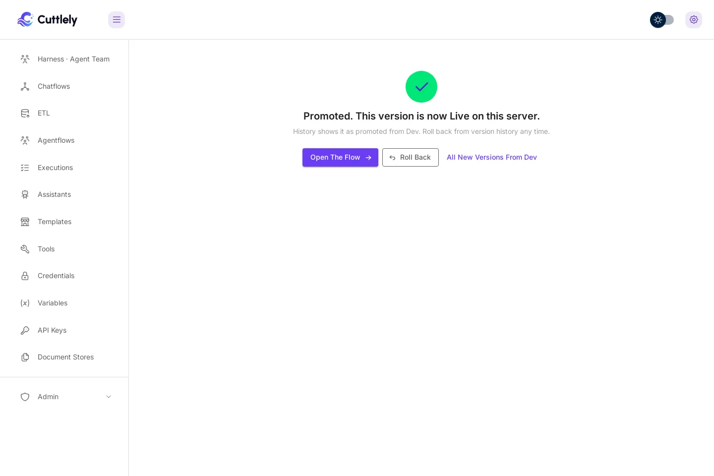 Promoted. This version is now Live on this server. History shows it as promoted from Dev. The buttons are Open The Flow, Roll Back, and All New Versions From Dev.