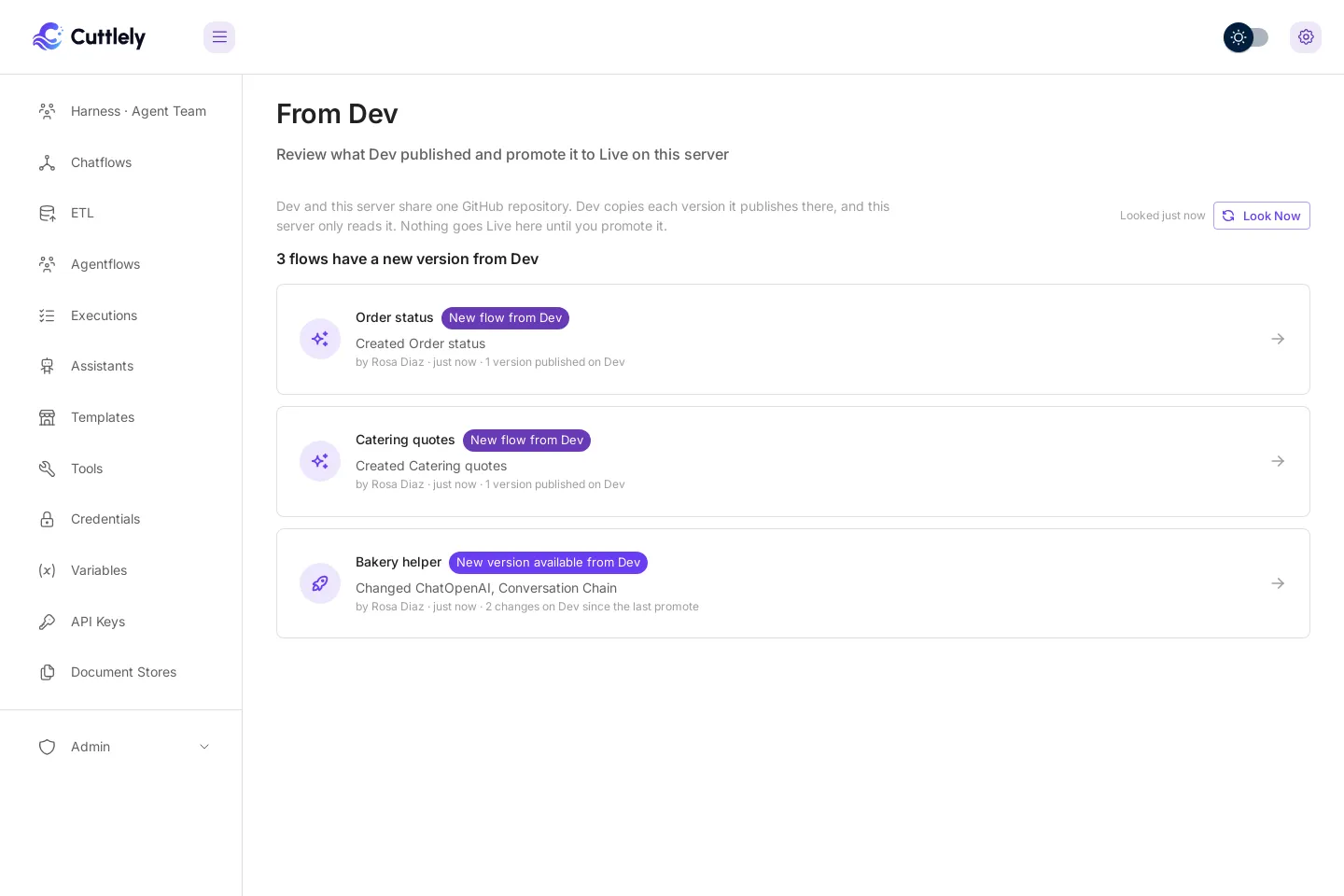 The From Dev page. It explains that Dev and this server share one GitHub repository and that nothing goes Live here until you promote it. Under 3 flows have a new version from Dev are three cards: Order status and Catering quotes, each New flow from Dev with 1 version published on Dev, and Bakery helper, New version available from Dev, with 2 changes on Dev since the last promote.